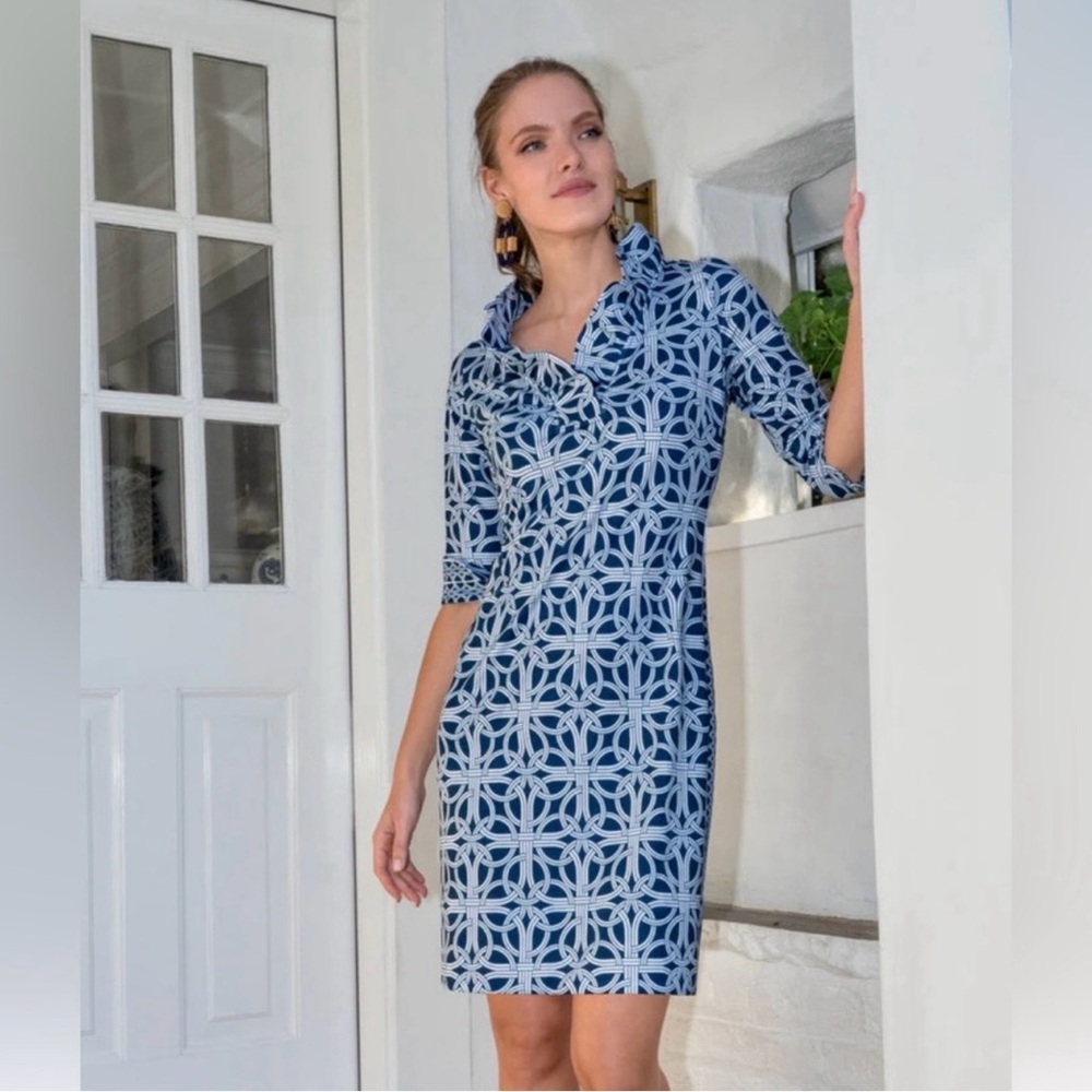 Gretchen Scott Ruffle Neck Jersey Dress Navy‎ White Preppy Nautical